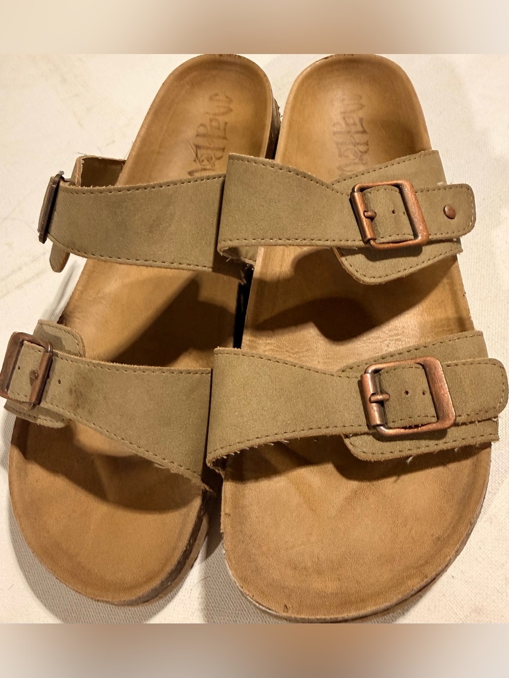 Mad Love Keava Size-10W Adjustable Two-Strap Suede Slide Sandals - Tan